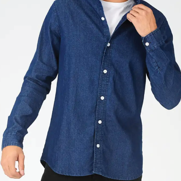 Red Ox Grandad Collar Denim Shirt - Denim