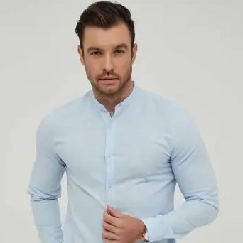 Sky Blue Shirt Mao Collar Linen Fitted Fit