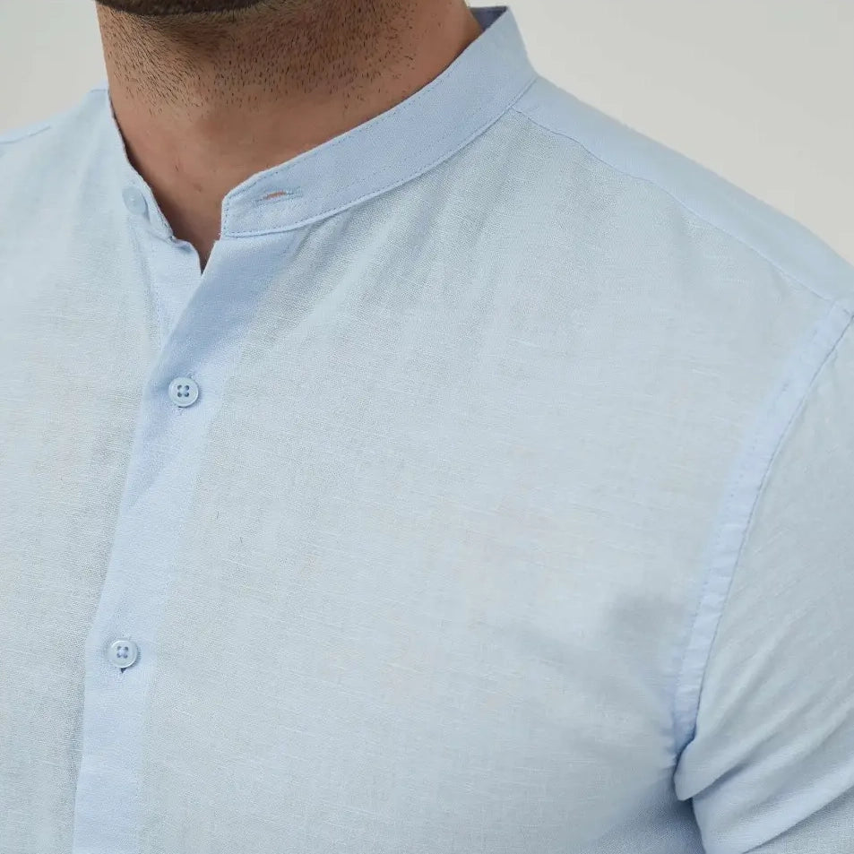 Sky Blue Shirt Mao Collar Linen Fitted Fit