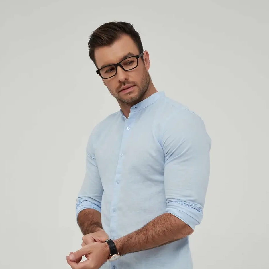 Sky Blue Shirt Mao Collar Linen Fitted Fit